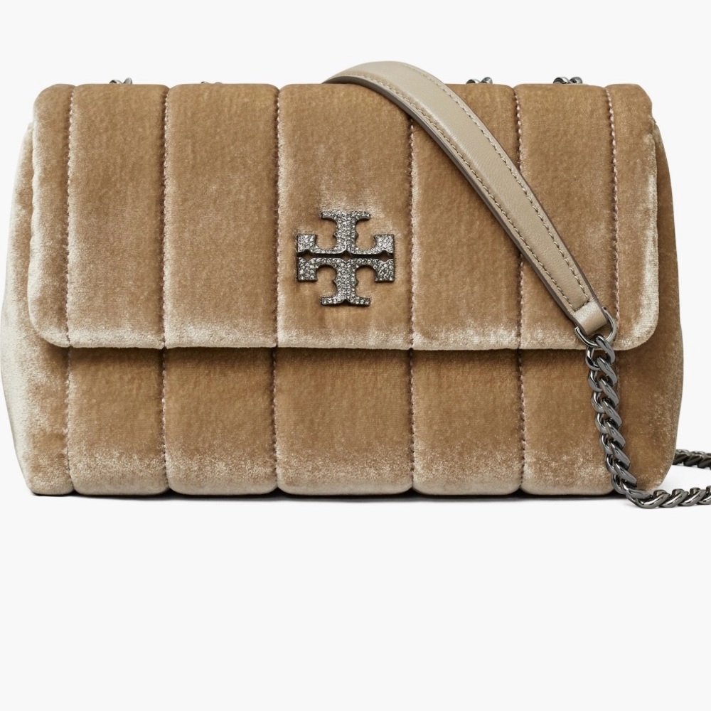 Tory Burch Small Kira Convertible Quilted Velvet Shoulder Bag- Classic Taupe